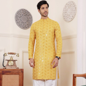 Geometric Embroidered Sequins Linen Regular Straight Kurta
