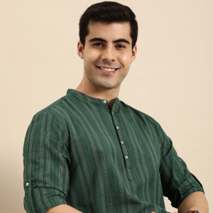 Men Green & Gold-Toned Striped Mandarin-Collar Kurta