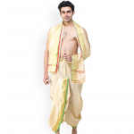 Ready to Wear Dhoti and Angavastram Set with Woven Golden Leaves Border