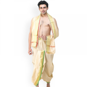 Ready to Wear Dhoti and Angavastram Set with Woven Golden Leaves Border