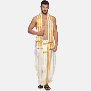 Men Cream and Gold-Toned Solid Dhoti With Angavastram