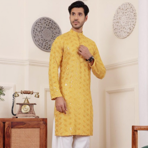 Geometric Embroidered Sequins Linen Regular Straight Kurta