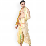 Ready to Wear Dhoti and Angavastram Set with Woven Golden Leaves Border