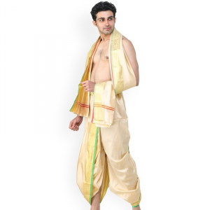 Ready to Wear Dhoti and Angavastram Set with Woven Golden Leaves Border